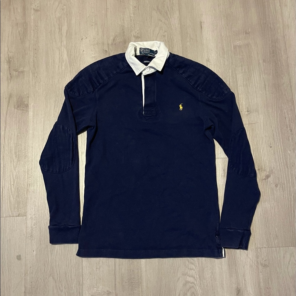 Vintage 90s Polo Ralph Lauren Blue Elbow Pads Long Sleeve Rugby